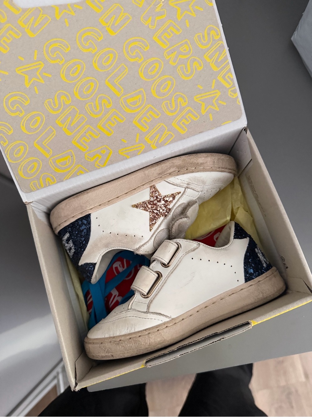 Golden Goose Kids White Sneakers with Gold Glitter Star and Navy Heel